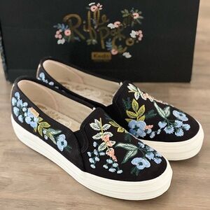 Keds rifle paper co embroidered Floral triple decker garden sneakers black blue